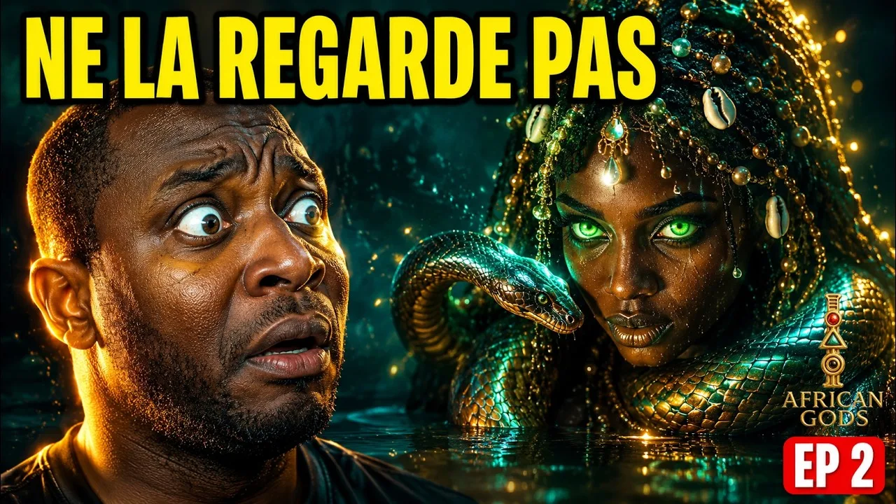 Vignette de l'épisode 002 : un homme saisi d'effroi face à une représentation de Mami Wata entourée d'un serpent (création visuelle).