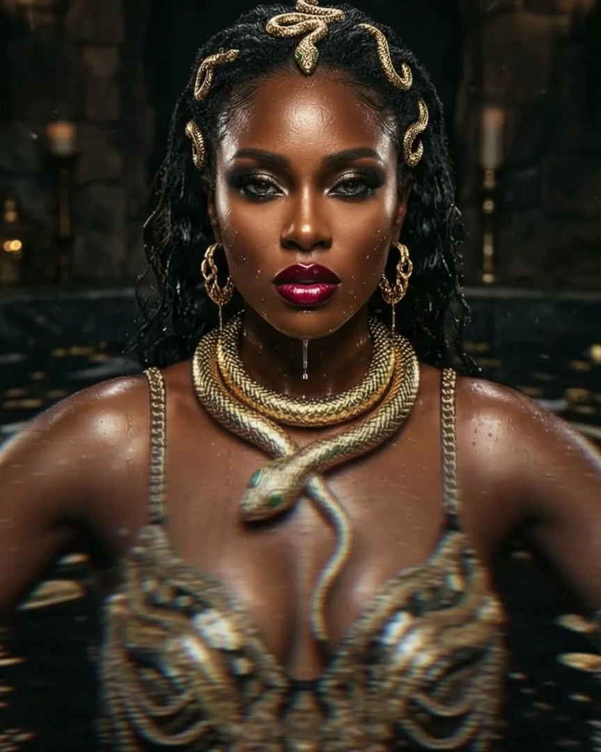Représentation de Mami Wata : une femme dans une eau sombre où flottent pièces et billets, serpents dorés enroulés autour du cou et dans la chevelure (création visuelle, plan de l'épisode 002).
