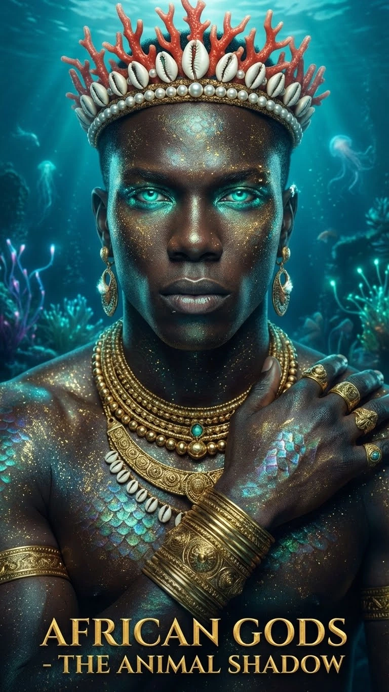 Portrait masculin sous l’eau, couronne de corail et cauris, colliers et main posée sur l’épaule. Variation artistique avec IA.