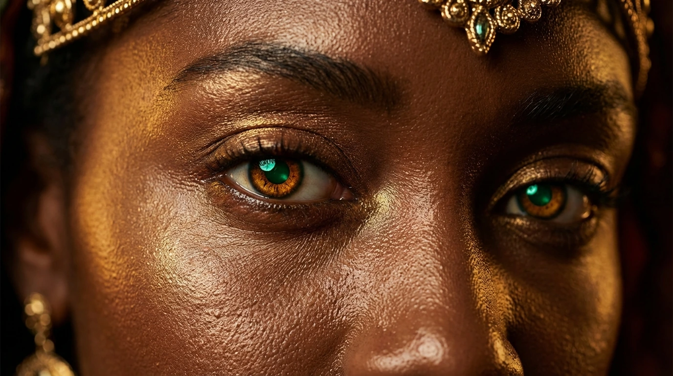 Gros plan sur des yeux aux reflets verts et dorés, avec une parure sur le front. Création artistique avec IA.