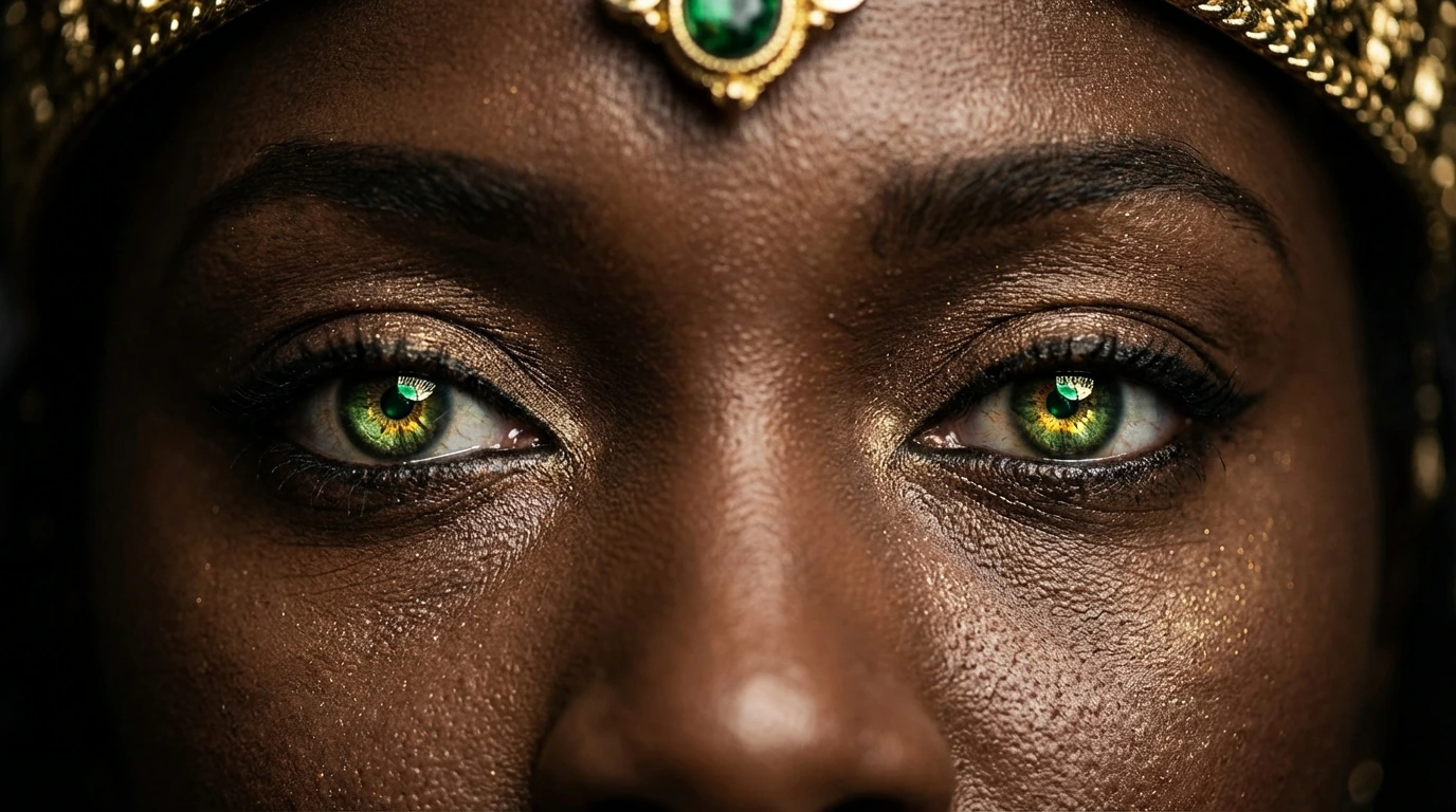 Visage féminin cadré sur les yeux verts et la racine du nez, sous une parure dorée. Création avec IA.