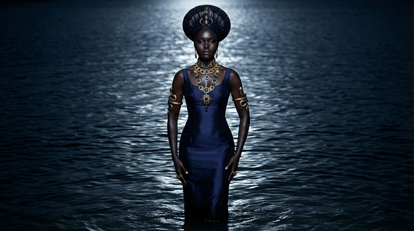Une figure féminine en robe bleue se tient dans une eau nocturne, sous un halo lunaire. Création artistique avec IA.