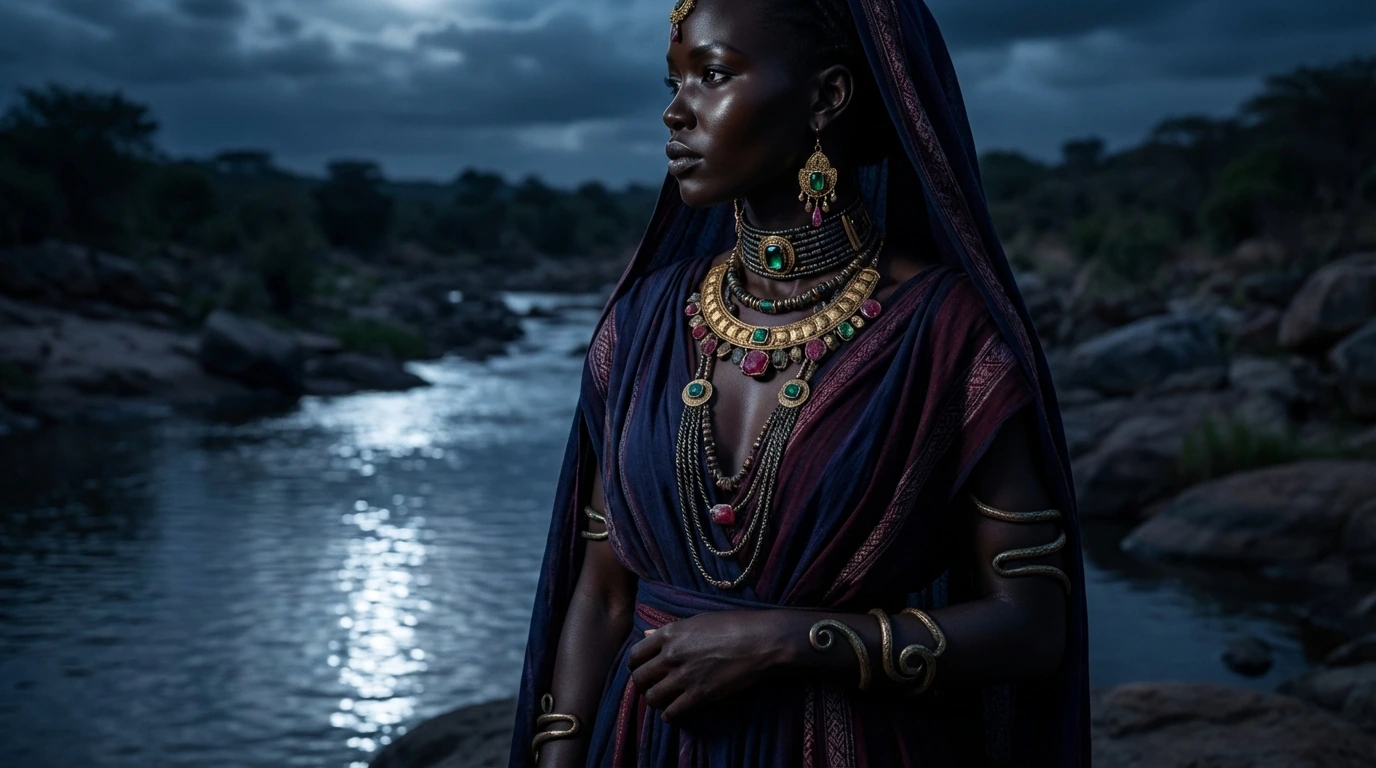 Une femme de profil, vêtue de drapés sombres et de colliers, devant un cours d’eau au crépuscule. Création avec IA.