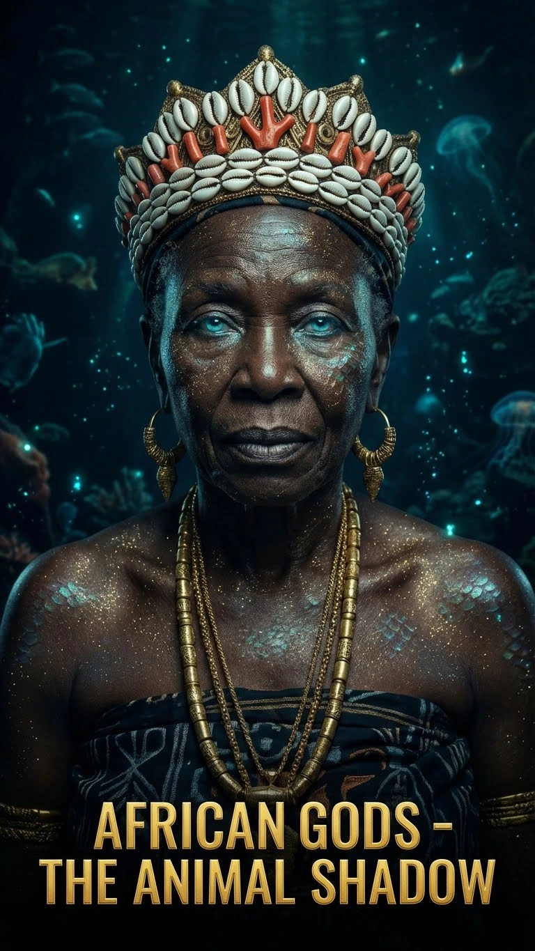 Portrait d’une femme âgée couronnée de cauris et de corail dans un univers sous-marin. Variation artistique avec IA.