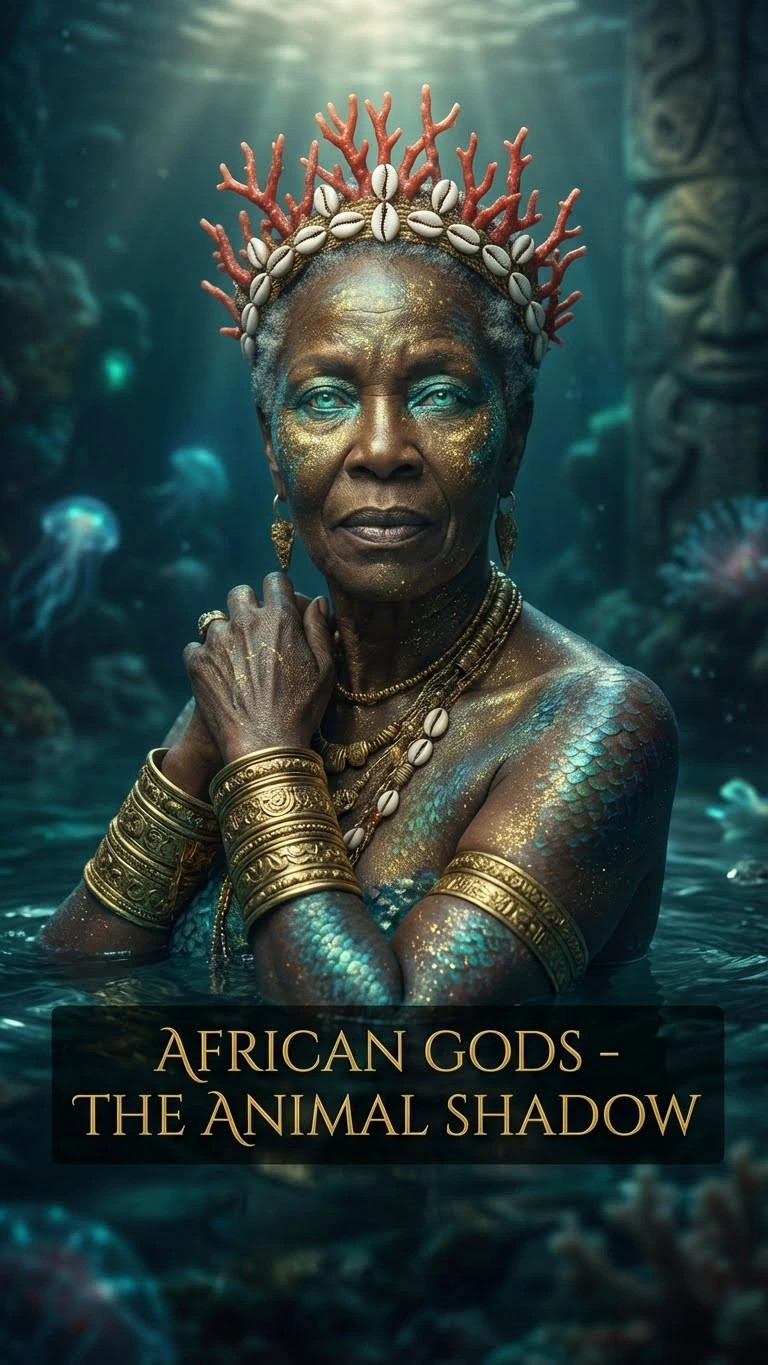 Une femme âgée aux bras croisés, parures et couronne de corail, sous une lumière aquatique. Création avec IA.