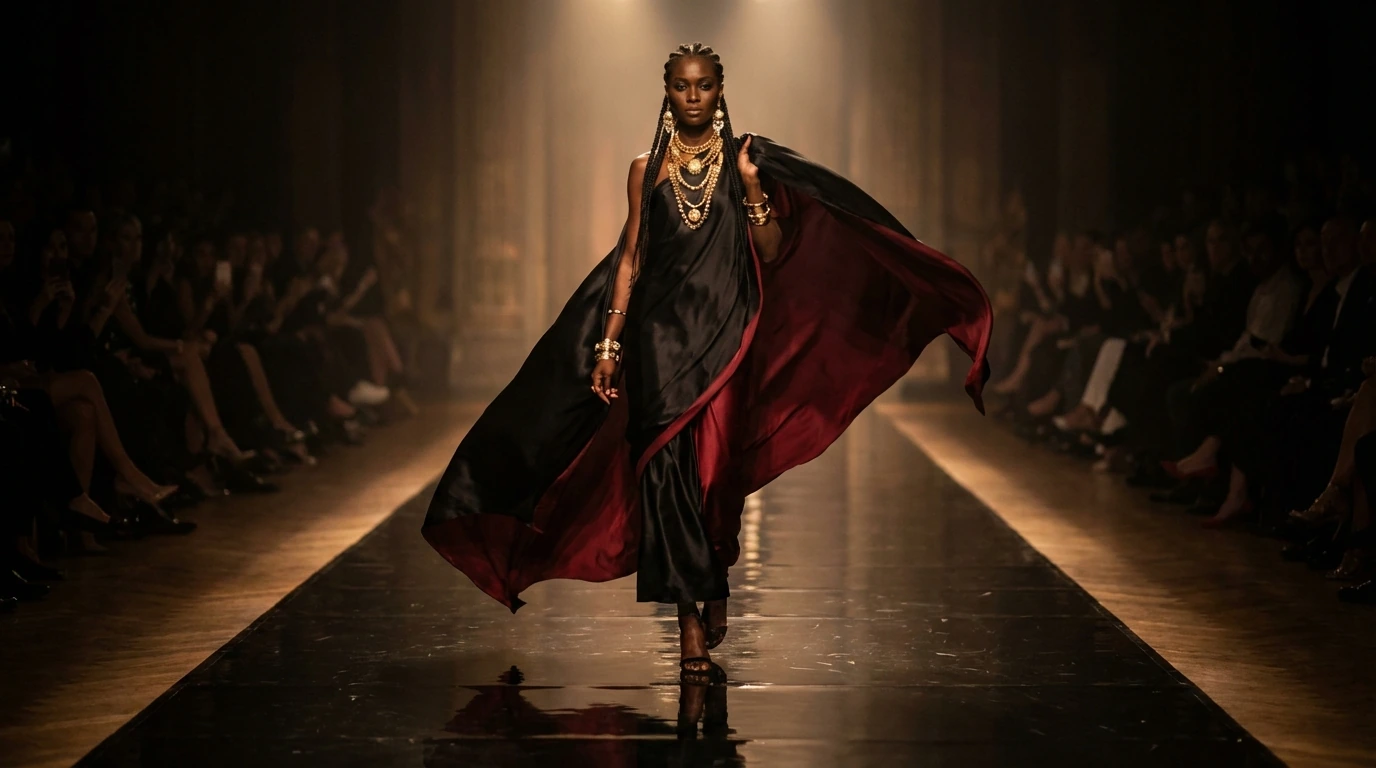 Une femme marche sur un podium, dans un drapé sombre à doublure rouge, sous des lumières chaudes. Mise en scène artistique avec IA.