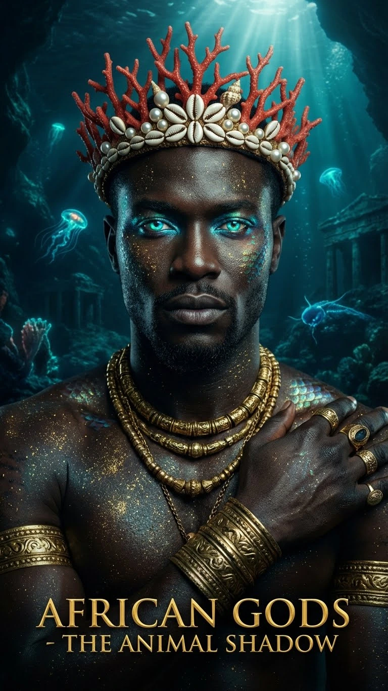 Figure masculine à couronne de corail et cauris, main sur l’épaule, bijoux dorés et regard bleu. Variation artistique avec IA.