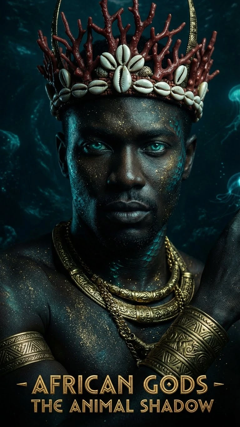 Portrait masculin sombre, couronne aquatique, bijoux dorés et main sur l’épaule. Variation artistique avec IA.