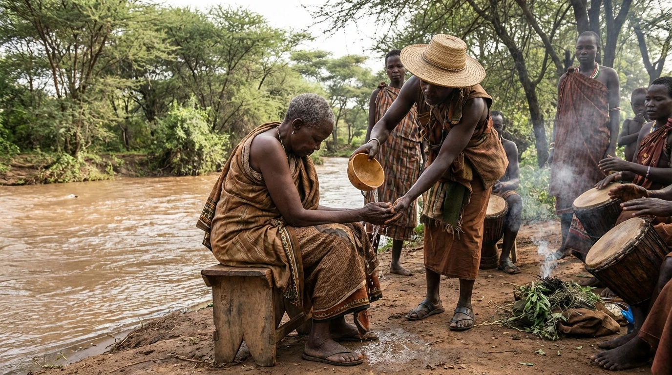 Scène imaginée de transmission d’eau à une femme âgée, au bord d’une rivière, avec plusieurs personnes. Création avec IA, pas une captation de rite.