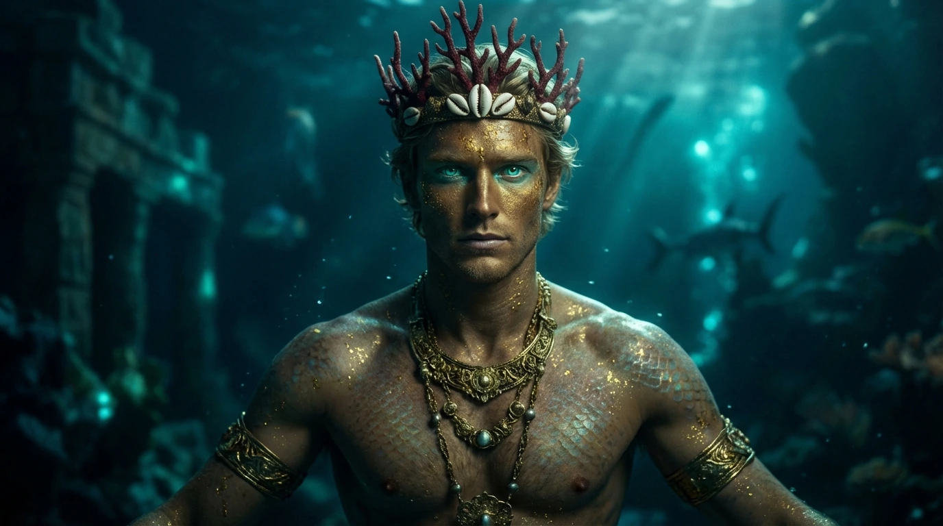 Figure masculine immergée, couronne de cauris et de corail, collier et cheveux clairs. Variation artistique avec IA.