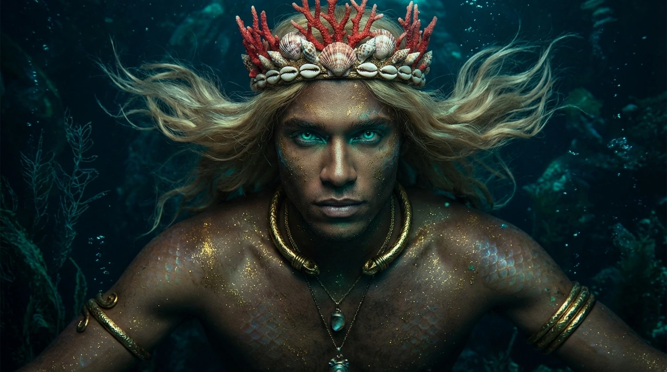 Figure masculine aux cheveux flottants dans l’eau sombre, couronne et parures. Variation artistique avec IA.