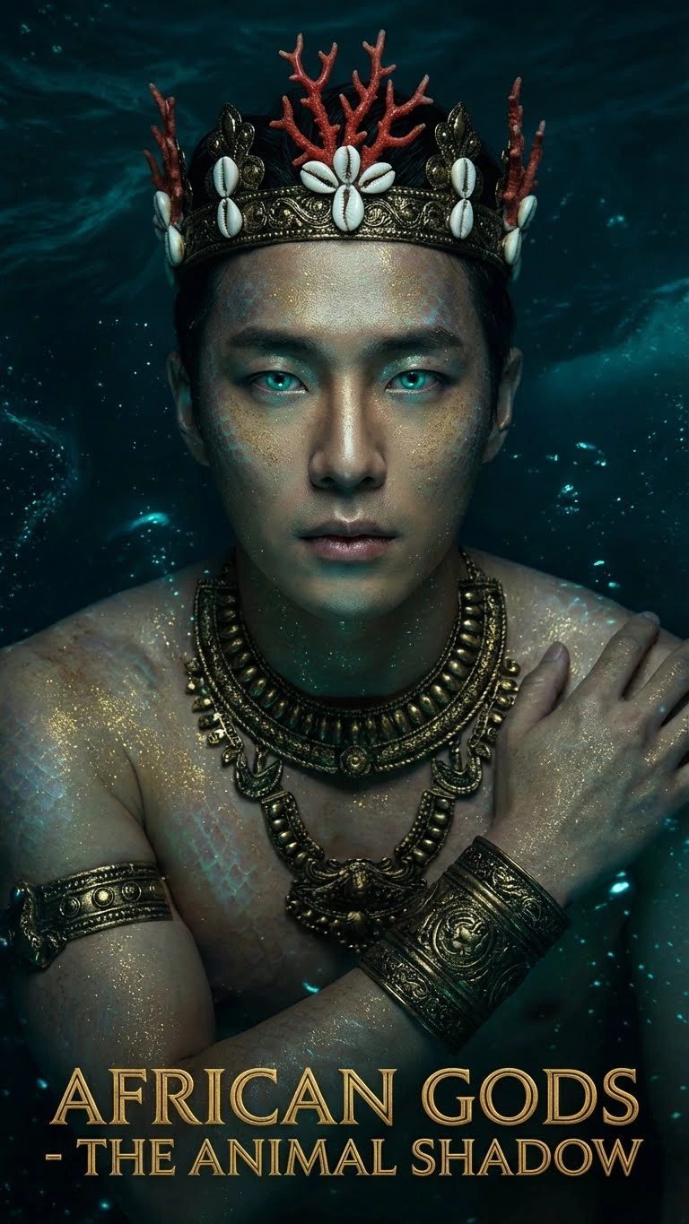 Figure masculine à couronne de corail et cauris, bracelets et main sur l’épaule. Variation artistique avec IA.