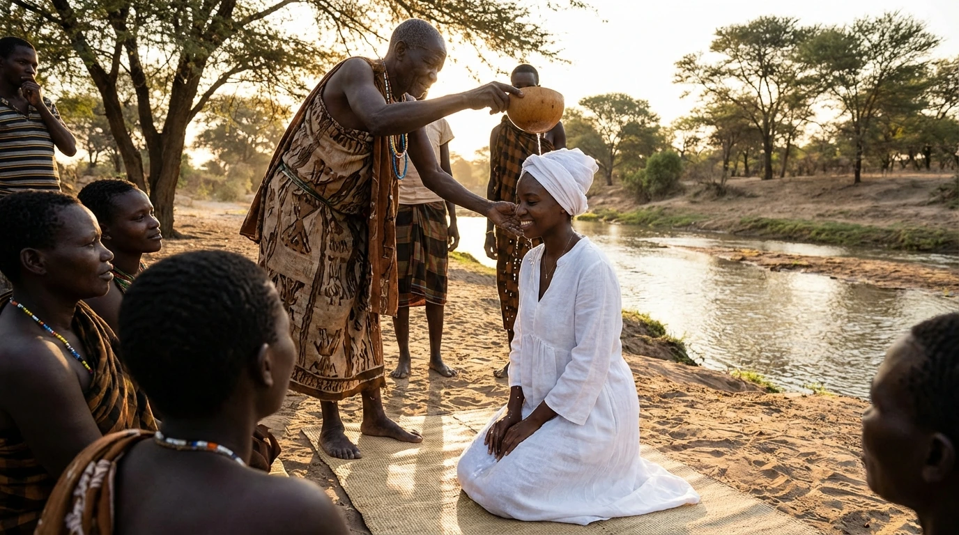 Scène imaginée au bord d’une rivière : une femme vêtue de blanc reçoit de l’eau versée d’une calebasse. Création avec IA, pas une captation de rite.