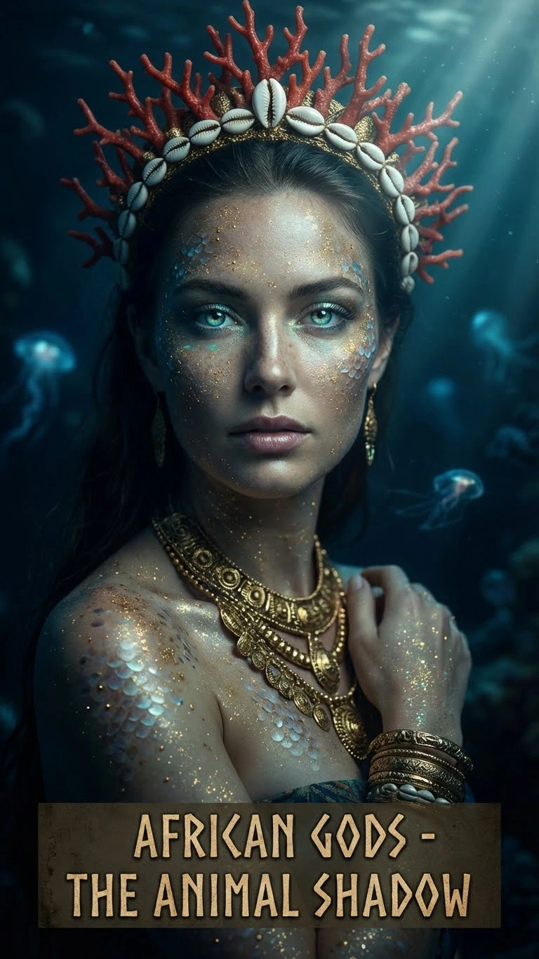 Portrait féminin sous-marin, couronne de corail et cauris, bijoux et main sur l’épaule. Variation artistique avec IA.
