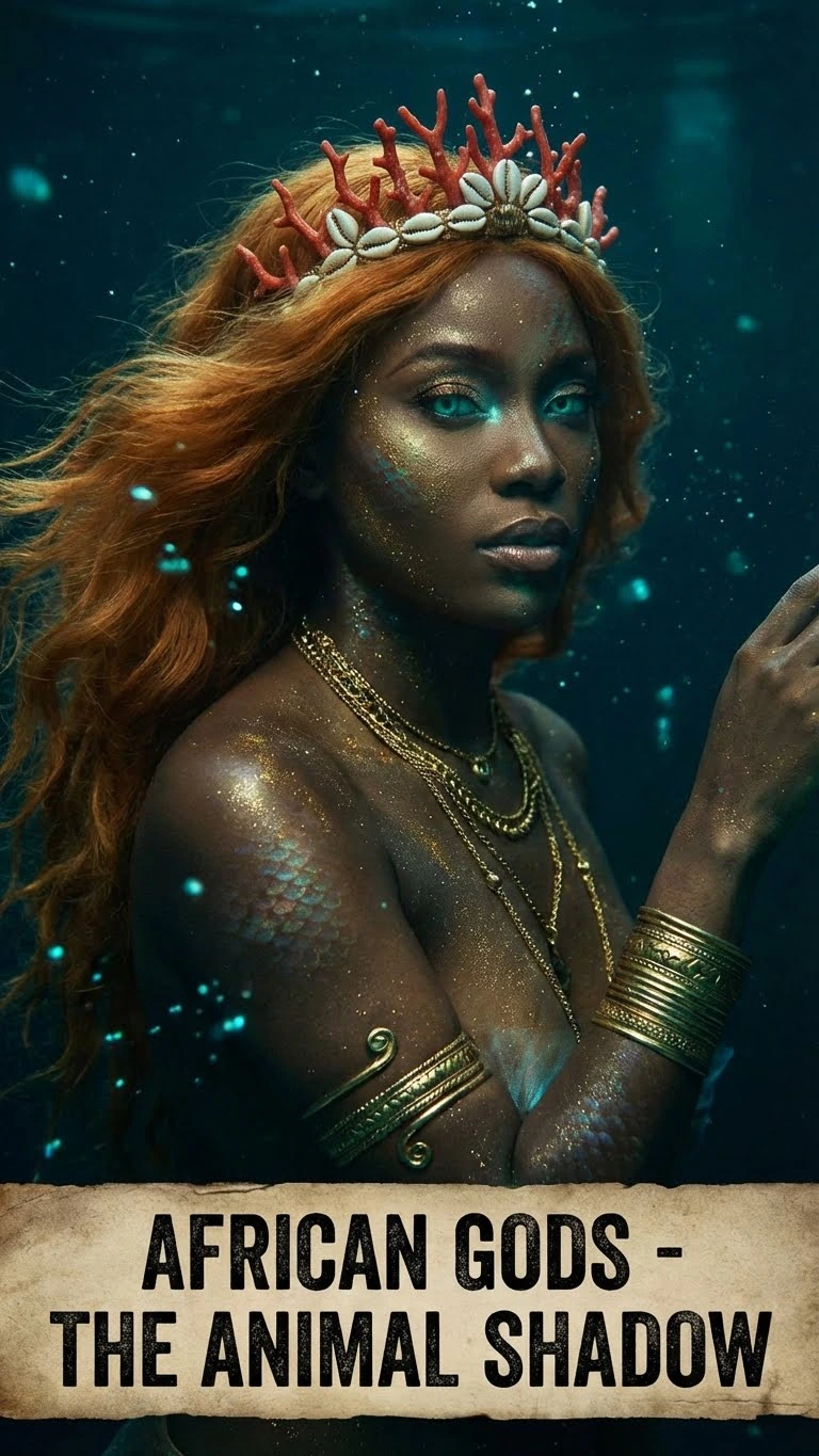 Portrait féminin de trois quarts, cheveux roux flottants, couronne et bijoux dans une eau bleue. Variation artistique avec IA.