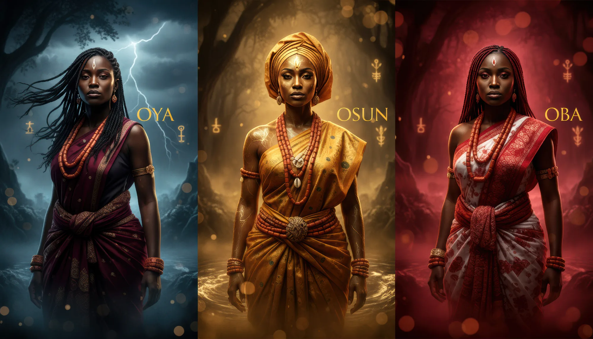 Triptyque : Ọya dans l'orage, Ọ̀ṣun vêtue d'or, Ọba en rouge, les trois épouses de Ṣàngó dans la tradition yorùbá (création visuelle).