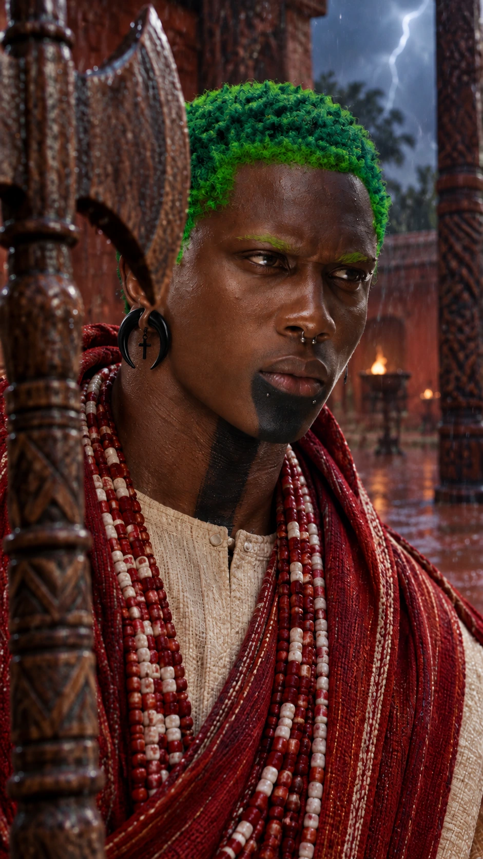 Steeve incarne Ṣàngó, portrait de trois quarts sous la pluie : cheveux verts, drapé rouge, tunique ivoire, perles rouges et blanches et bâton à double hache en bois. Création avec IA.
