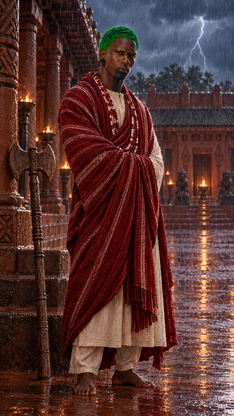 Steeve en pied dans une cour sous la pluie, drapé rouge et tunique ivoire, pieds nus et bâton à double hache appuyé contre une marche. Interprétation artistique de Ṣàngó. Création avec IA.