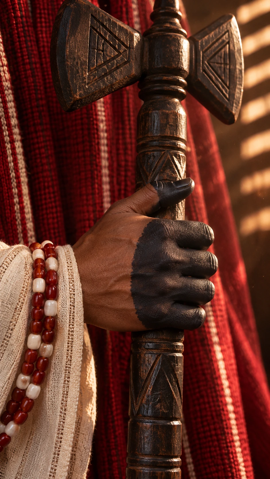 Détail d’une main de Steeve au jagua indigo, tenant le manche d’un bâton à double hache en bois, devant un textile rouge et des perles rouges et blanches. Création avec IA.