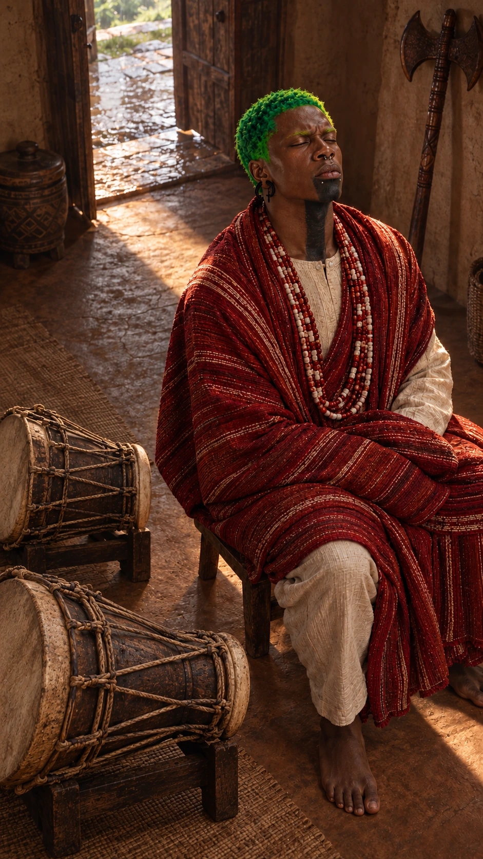 Steeve assis dans une pièce en terre, yeux fermés, drapé rouge, perles et tunique ivoire, près de deux tambours à deux peaux et d’un bâton à double hache. Mise en scène artistique. Création avec IA.