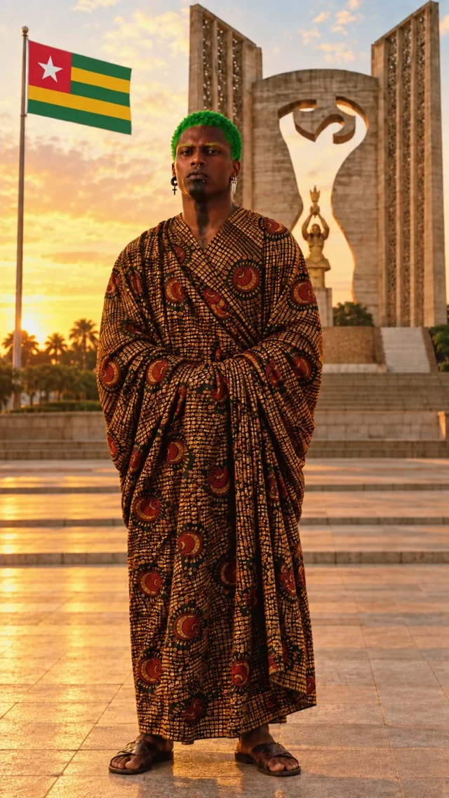 SHADOW en pagne imprimé devant un monument et le drapeau togolais (création visuelle par IA).