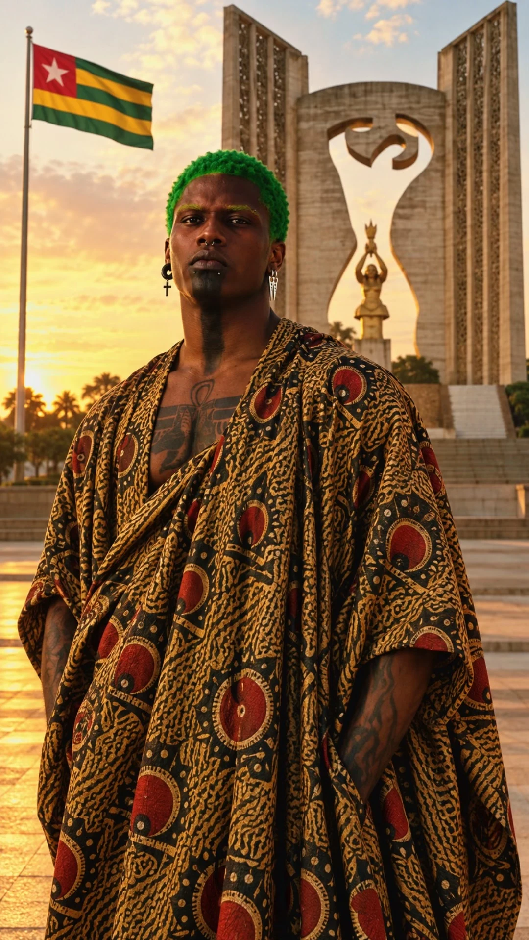 Portrait de SHADOW en pagne imprimé devant le drapeau togolais (création visuelle par IA).
