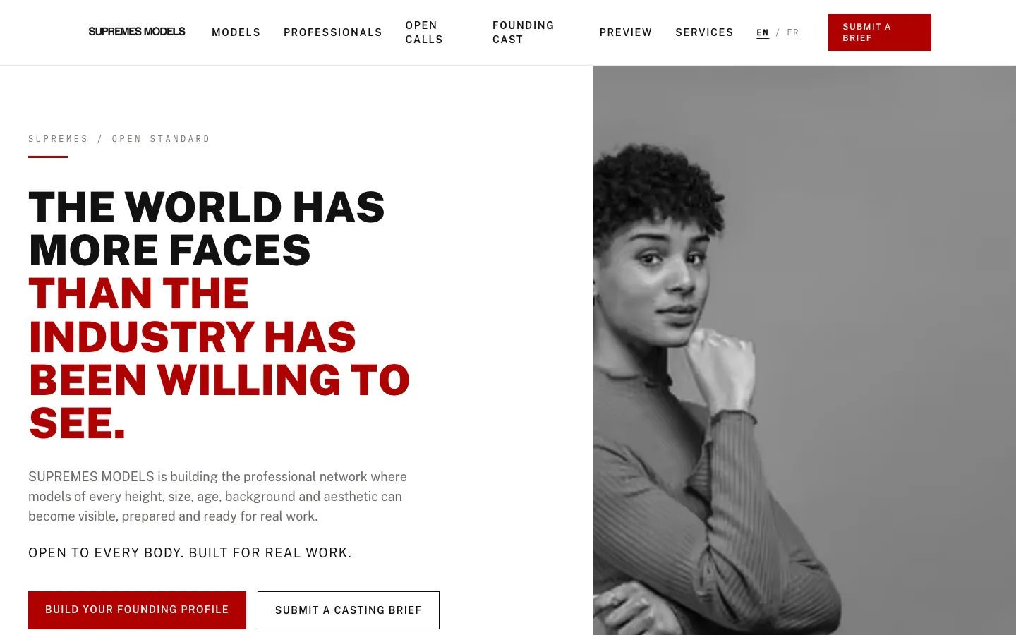 Page d'accueil de SUPREMES MODELS, telle qu'elle est en ligne