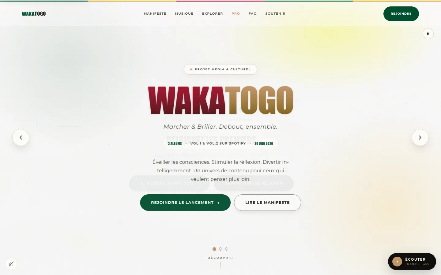 Page d'accueil de WAKATOGO, telle qu'elle est en ligne