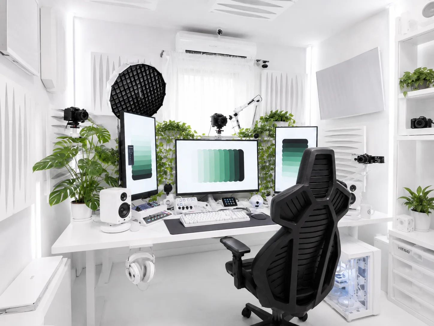 D&eacute;tail du bureau : clavier, moniteurs audio, table de mixage, softbox nid d'abeille