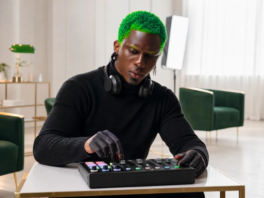 Steeve Aukingso règle une console audio à une table blanche à cadre doré, casque autour du cou, dans un salon blanc (création visuelle)